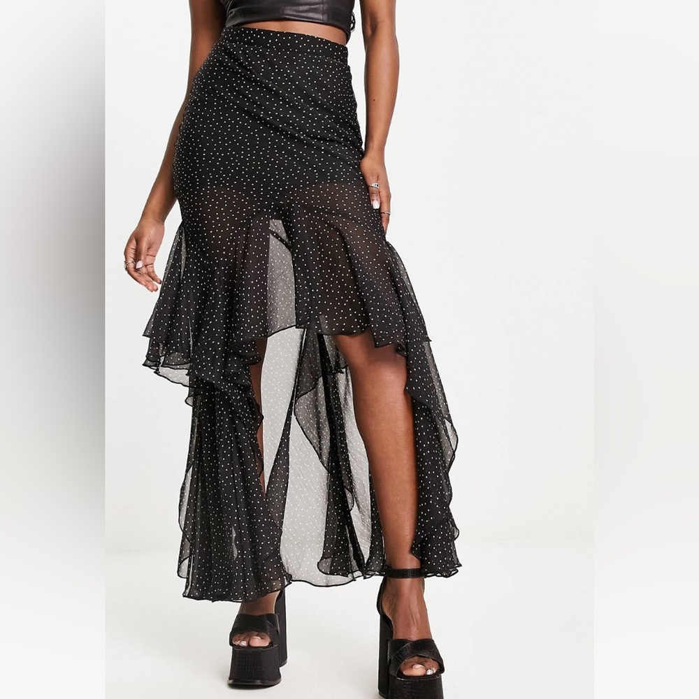 Polka dot ruffle midi maxi high low skirt